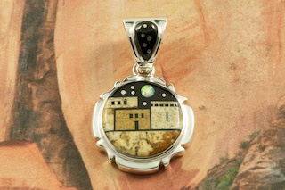 This Pendant is a work of art! Beautiful Starry Night Design at the Pueblo. Featuring Picture Jasper, and Black Jade inlaid in Sterling Silver Pendant. Beautiful Fire and Ice Lab Opal Moon! Free 18